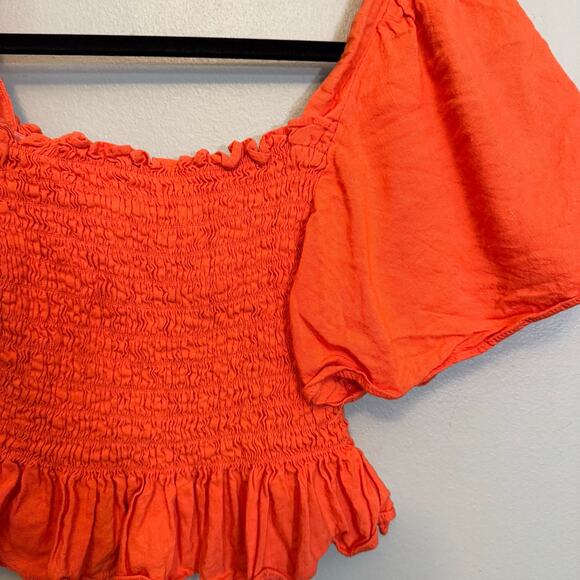 Lulus Cropped Top Womens S Orange Off Shoulder Wide Sleeves Smocked Linen Blend - Picture 4 of 7